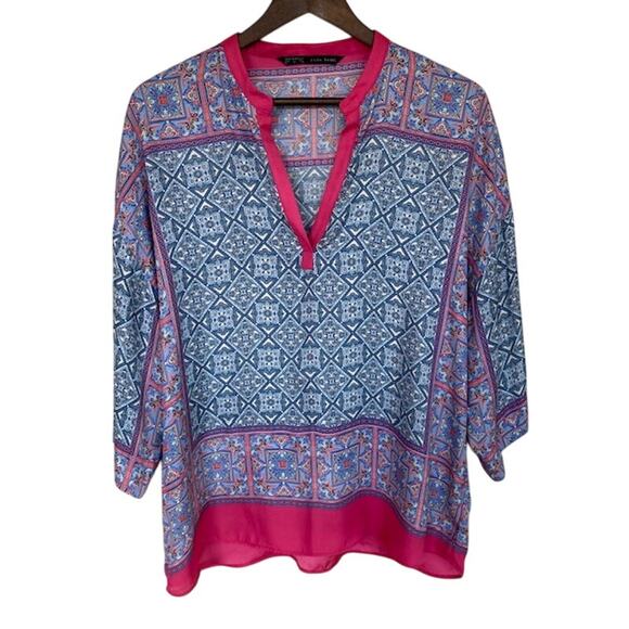 Zara Basic Pink, Blue and White Satin 3/4 Sleeve Blouse - Large - Picture 1 of 4